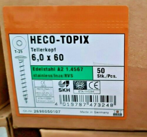 HECO TOPIX Stainless Steel A2 Flanged Torx T40-6.0 x 60mm Screws x 50 screws 