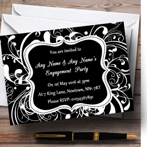 Black /& White Swirl Deco Personalised Engagement Party Invitations