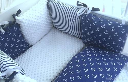 white Minky Dipmle Navy Anchors Sleepy Baby J/&J 6 pillows bumper!