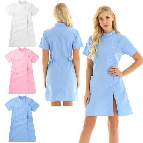 Damen Krankenschwester Kostüm Unform Stehkragen Labor Ärztin Kittel Minikleid