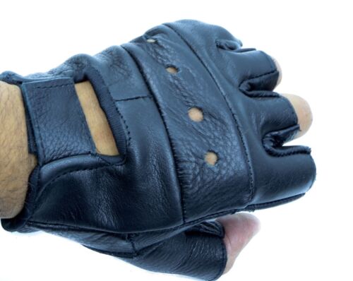 Black Mens Lightweight Heavy Duty Thick Leather Fingerless Riding Gloves
