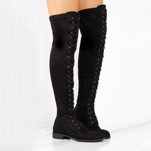 Womens Thigh High Boots Over The Knee Party Stretch Flat Low Heel Lace Up Shoes 