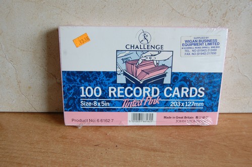100 CHALLENGE 8/" x 5/" Ruled Record Cards Assorted colours