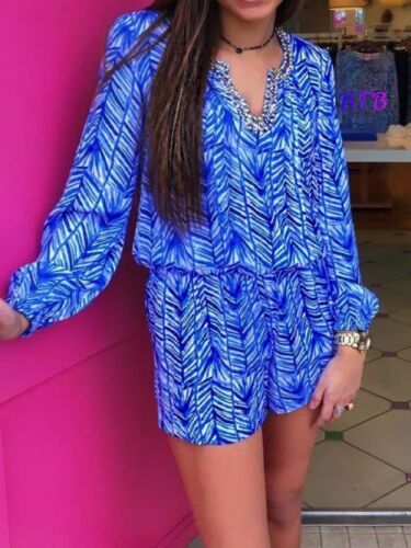 188.00 NWT Lilly Pulitzer Embellished Colby Romper Lapis Blue Costa Verde xxs 