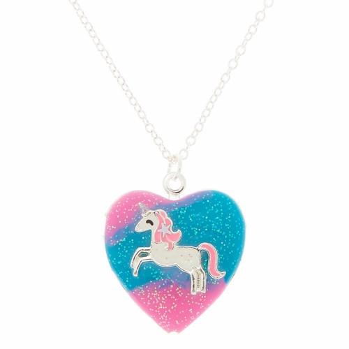 Claire/'s Girl/'s Silver Pastel Unicorn Heart Locket Pendant Necklace Blue//Pink