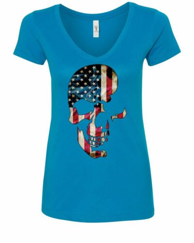 Skull Americana Women/'s V-Neck T-Shirt Patriotic 4th of July Stars and Stripes