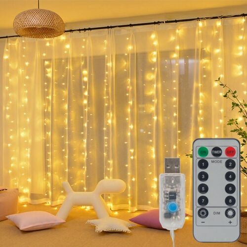 300 LED Curtain Fairy Lights 8Mode USB String Light W/ Remote Xmas Party Wedding 