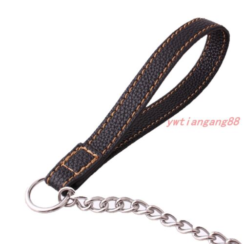 Heavy Stainless Steel Dog Lead Pet Strong Chain Leash with Leather Handle Clip
