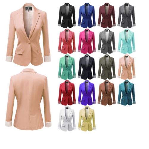 FashionOutfit Women's Solid Long Sleeves One Button Closure Side Pocket Blazer 