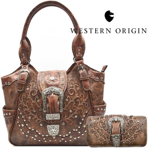 Western Handbag Floral Buckle Brown Concealed Carry Purse Shoulder Bag Wallet 