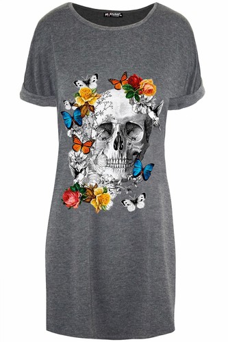 Womens Ladies Oversized Floral Skull Skeleton Pumpkin Halloween T-Shirt Dress