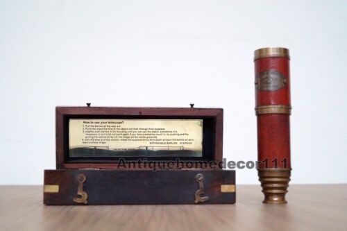 Antique Solid Brass Nautical Dollond London Telescope w Handmade Wooden Box Gift