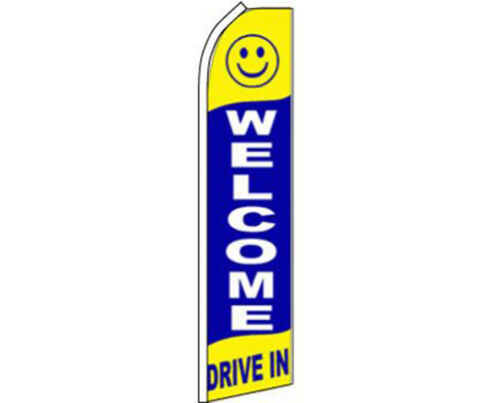 Welcome Drive In Blue Yellow White Swooper Super Feather Advertising Flag