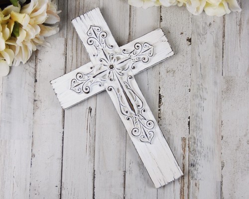 Shabby farmhouse chic distressed ornate white wall hanging cross home decor