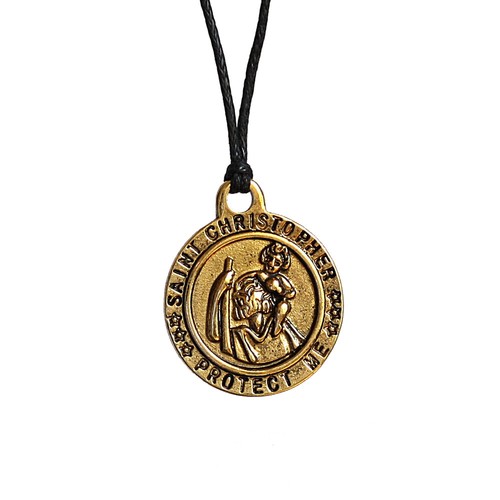 St Christopher Protect Us Gold Tone Charm Pendant Choker Necklace w Black Cord