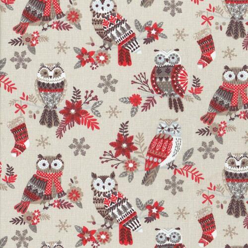 Textiles français The Festive Owls fabric Beige//Red