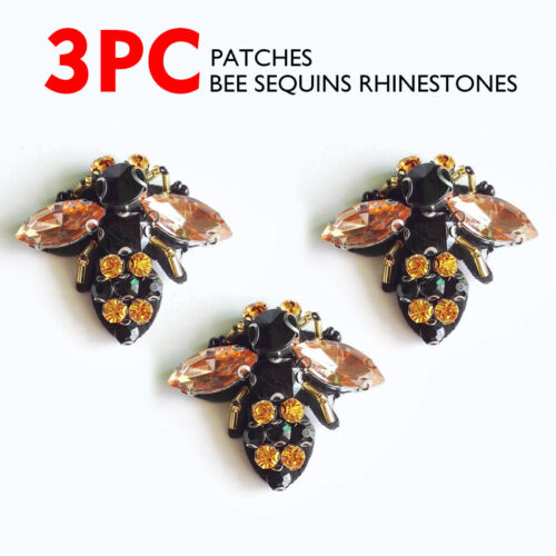 3Pc Bee Sequins Patches Bead Rhinestones Embroidered Applique Sew on Patch Craft