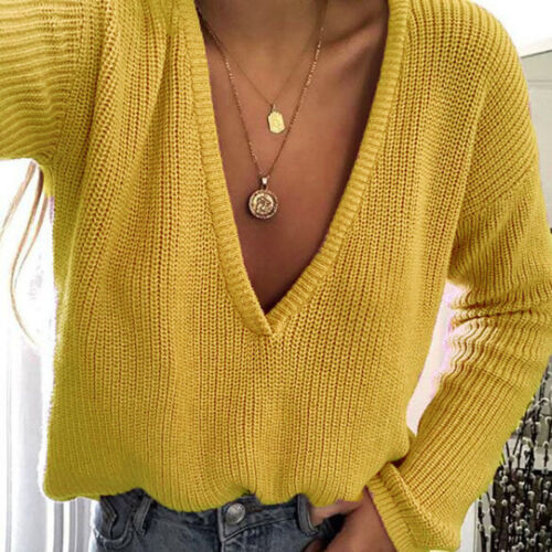Womens Long Sleeve V Neck Loose Knitted Sweater Ladies Casual Jumper Tops Blouse 