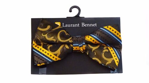 MENS BOW TIE PAISLEY AND STRIPE BROWN AND GOLD PRE-TIED BOW WITH CLIP