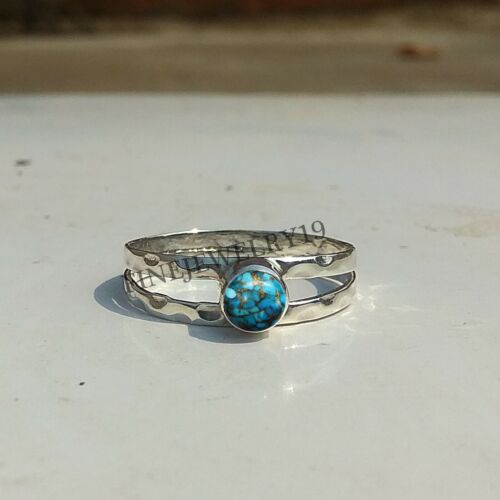 H714 Turquoise Ring Blue Copper 925 Sterling Silver Ring Handmade Ring Jewelry