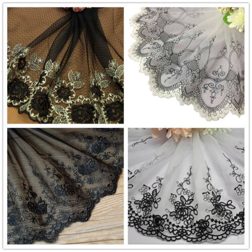 Black Gold Rose Embroidered Floral Tulle Scalloped Lace Trim Fabric Ribbon