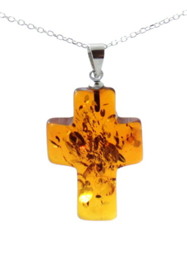 Sterling Silver 925 Baltic Amber Cross Pendant for Necklace Jewelry Cognac