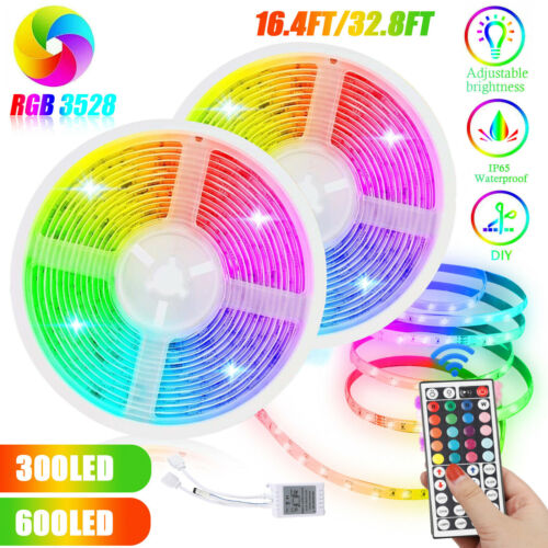 32FT Flexible Strip Light 3528 RGB LED SMD Remote Fairy Lights Room TV Party Bar 