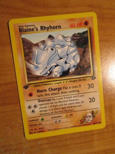 NM 1st edition Pokemon BLAINE/'S RHYHORN Card GYM CHALLENGE Set 65//132 First Ed