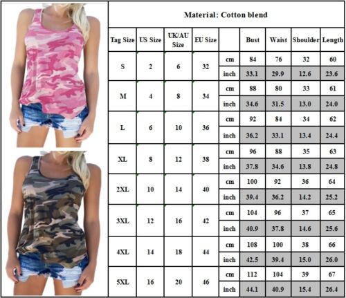 Plus Size Womens Camouflage Sleeveless Vest Tank Tops Casual Camisole Tee Blouse