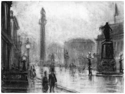 5982.Grainy black and white portrait of rainy day in city.POSTER.Home Office art 