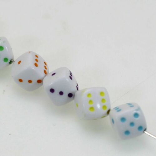 100 White with Mixed Colour Acrylic Cube Dice Beads 8X8mm Diagonal Hole Funny