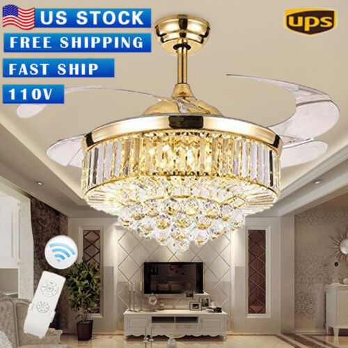 42"  Rose Gold Invisable Ceiling Fan Lamp Remote LED Crystal Lighting Chandelier 