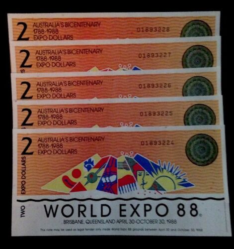 5 Consecutive Banknotes Australian Brisbane World Expo 1988 $2 Dollar Unc