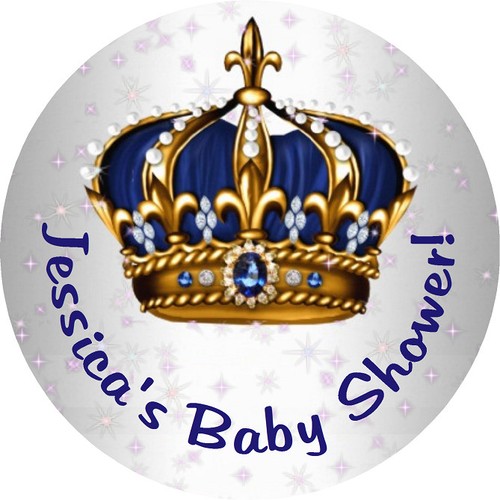 BLUE SILVER AND GOLD PRINCE CROWN BABY SHOWER ROUND LABELS PARTY STICKERS FAVORS