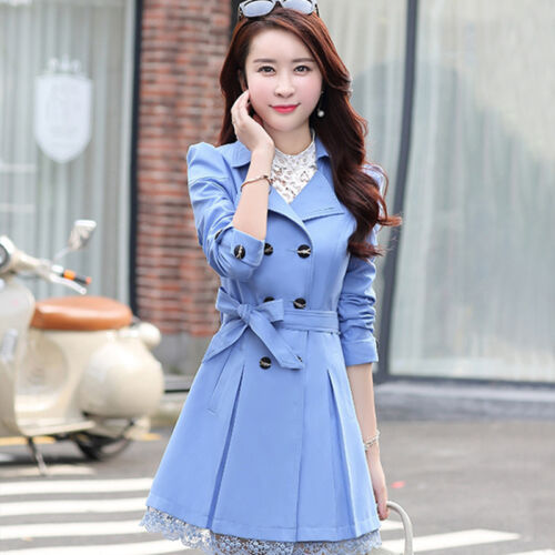 Women's Double Breasted Trench Coat Flowers Lace Trim Jacket Tie Waist Overcoat 