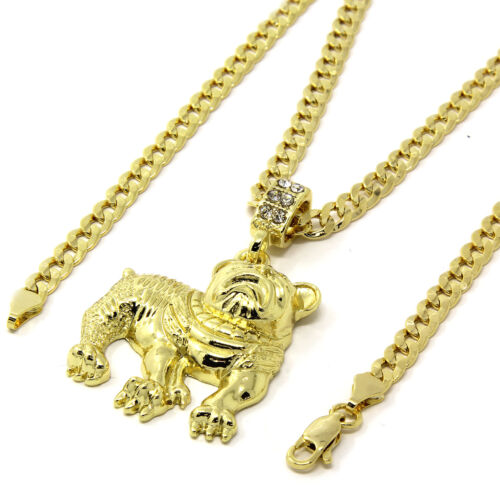 Mens Gold Plated Hip-Hop Pit Bull Dog Pendant 24" Cuban Chain Necklace F73 