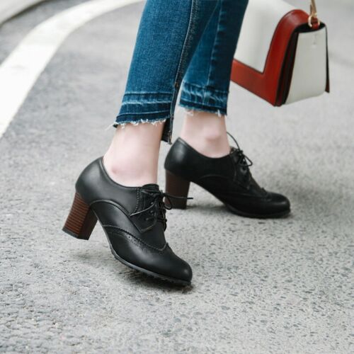 Details about  / Retro Women/'s Lace Ups Oxfords Brogue Block Mid Heels Round Toe Shoes Size 34-43