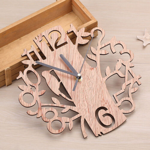 WO/_ LN/_ Modern Wooden Tree Bird Round Wall Clock Analog Clock Home Office Decor