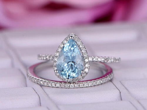 2.90Ct Aqua Blue Pear Cut Lovely Certified Engagement Ring Set in14K White Gold 
