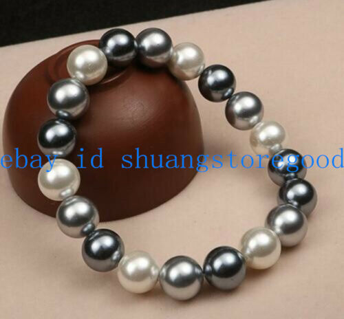 Pretty 8/10/12mm White Gray Black South Sea Shell Pearl Gemstone Bracelet 7.5'' 