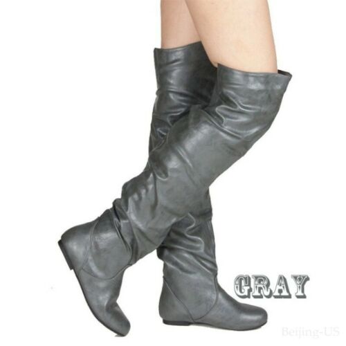 Womens Pull on Over Knee High Knight Boots Low Heel Pleated Slouch Casual Shoes 
