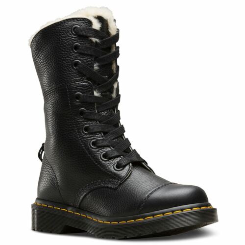 Dr.Martens Aimilita 9-Eyelet Fur Lined Black Women Aunt Sally Laced Combat Boots 
