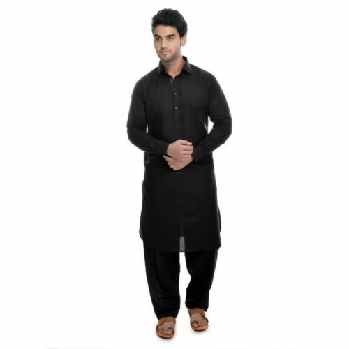 Men/'s Pathani Kurta Pajama Indian Traditional Wear Suit Solid Pattern Black