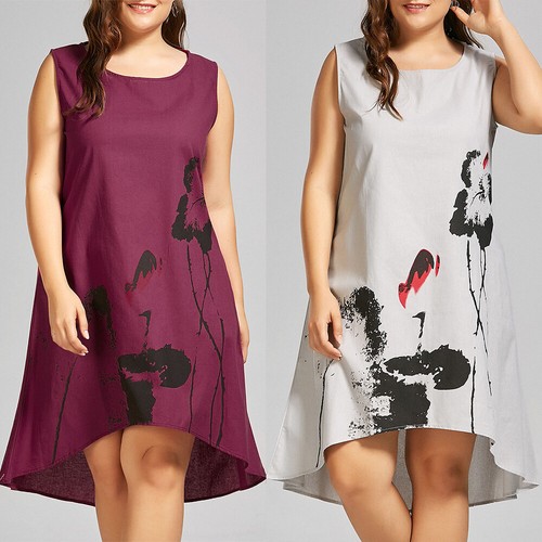 DE Damen Übergröße Shirtkleid Geblümt Sommerkleid Falten Freizeitkleid Ärmellos