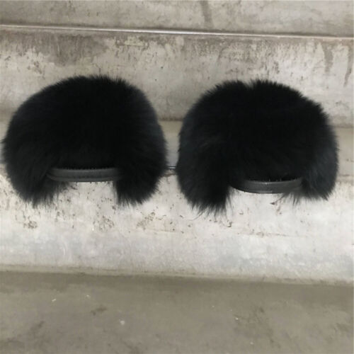 Black Max Large XXL Real Fox Fur Slides Slippers Fur Sandals Shoes Sliders