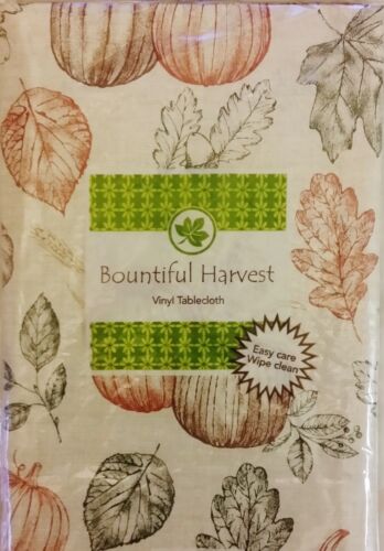 Autumn Sketches Leaves/Pumpkin/Wheat/Acorns Vinyl Flannel Bk Tablecloth Var Size 