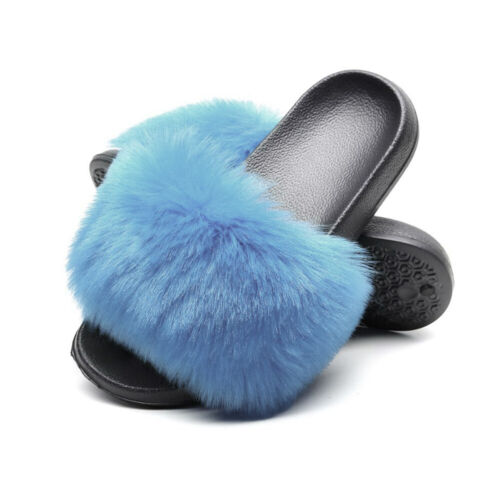 Ladies Furry Slippers Womens Fluffy Sliders Open Toe Faux Fur Mules Slippers UK 