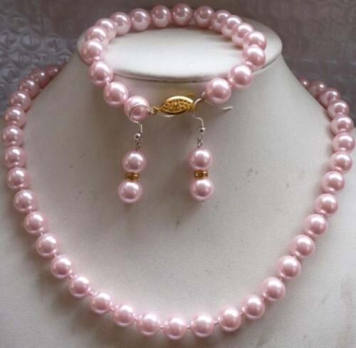 Beautiful 8mm Pink Sea Pearl Shell Necklace18‘’/&Bracelet7.5‘’ Earring Set PN595