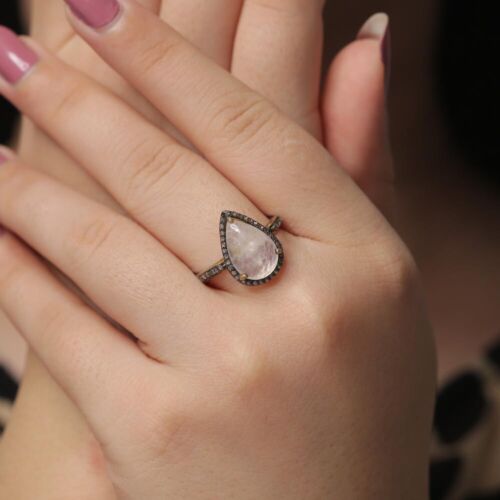 Moonstone Gemstone Wedding Ring 925 Silver 14K Gold Diamond Pave Women/'s Jewelry
