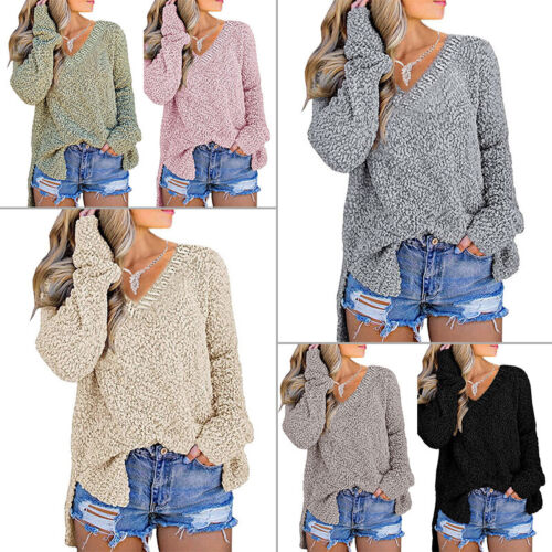Women Knitted Pullover Jumper Winter Warm Fuzzy Fleece Knitwear Sweater Blouse 